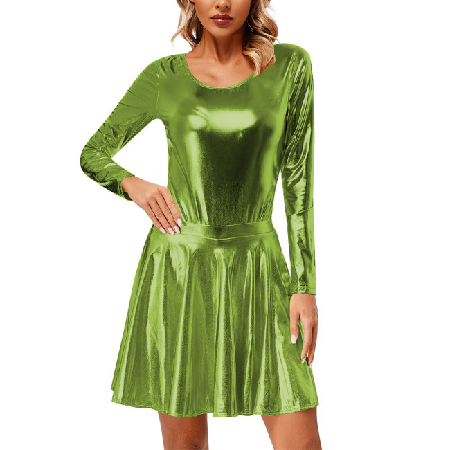 Exotic Two Piece Sets Shiny Metallic Long Sleeve Bodysuit with High Waist Mini Pleated Skirt Sexy Cosplay Body Suit
