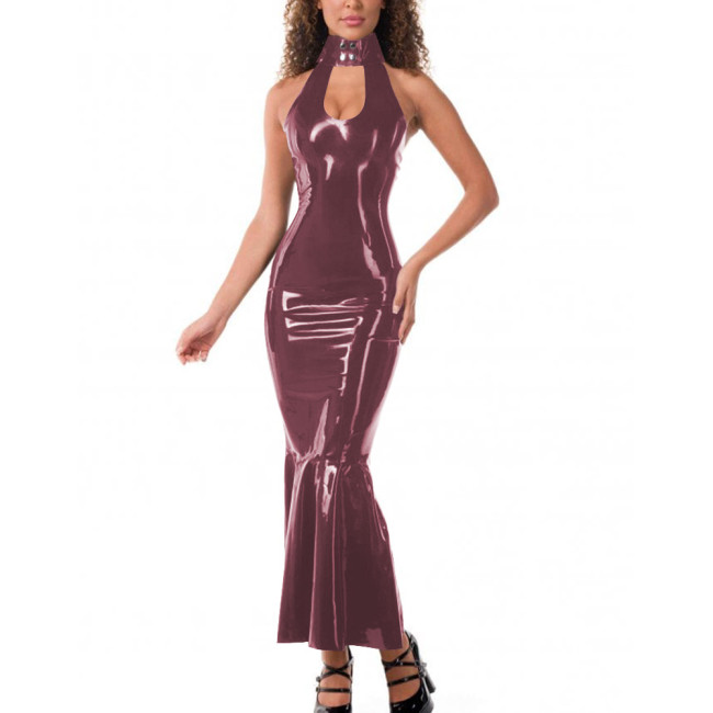 Faux Latex Wrap Dress for Women Sleeveless Sexy Bodycon Hobble Dress Party Turtleneck PVC Leather Backless Mermaid Maxi Dress