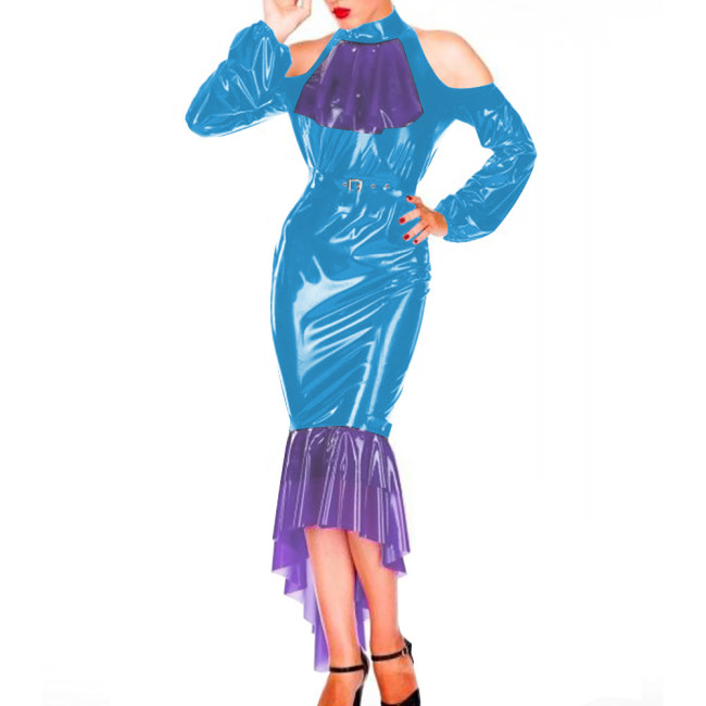 Sexy Bodycon Hobble Maxi Dresses for Women Patchwork Off Shoulder Hip Wrap Mermaid Faux Latex Sexy Dress Evening Cocktail Gown