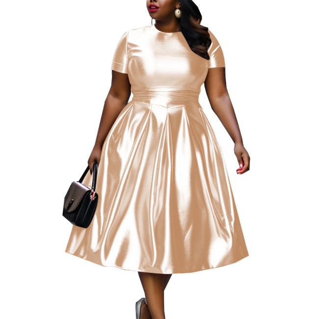 Summer Short Sleeve Dress for Women Shiny Metallic Slim Waist Solid Color A-line Dress Office Lady Casual Vintage Party Dress