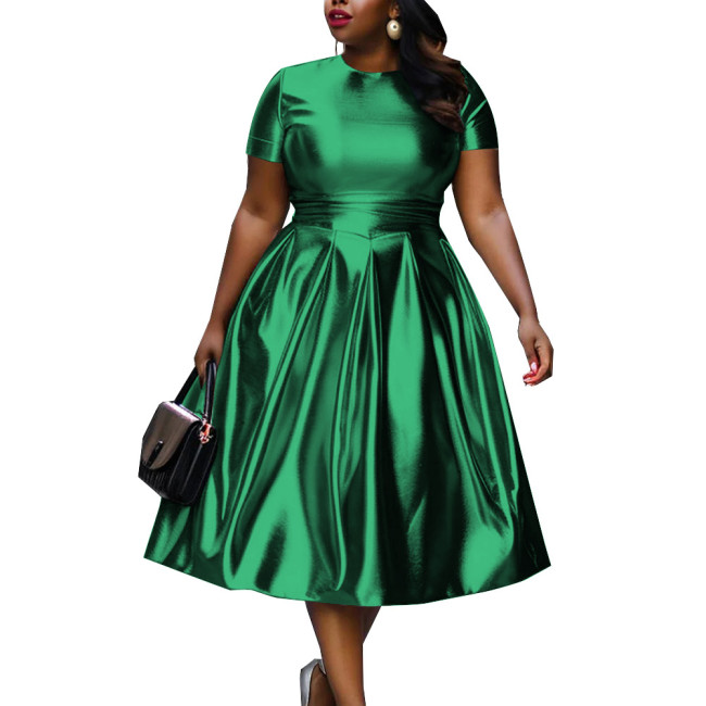 Summer Short Sleeve Dress for Women Shiny Metallic Slim Waist Solid Color A-line Dress Office Lady Casual Vintage Party Dress