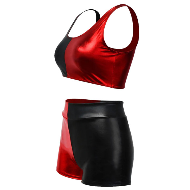Shiny Metallic Two Piece Sets Womens Outifits Patchwork Sexy Sleeveless Crop Top and Slim Fit Shorts Basic Stretchy Short Sets