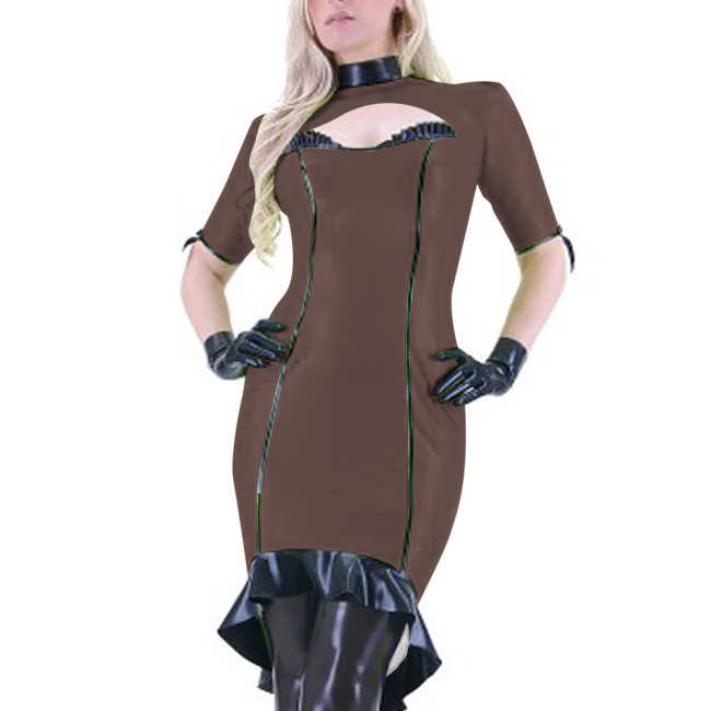 Summer Short Sleeve Hollow Out Sexy Mini Dress Women Mock Neck PVC Leather Exotic Club Slim Bodycon Short Pencil Dress Female