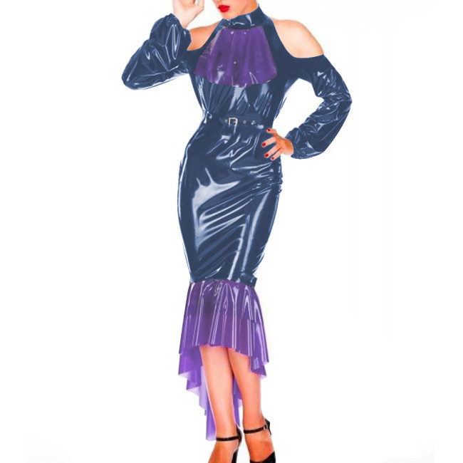 Sexy Bodycon Hobble Maxi Dresses for Women Patchwork Off Shoulder Hip Wrap Mermaid Faux Latex Sexy Dress Evening Cocktail Gown