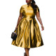 Summer Short Sleeve Dress for Women Shiny Metallic Slim Waist Solid Color A-line Dress Office Lady Casual Vintage Party Dress
