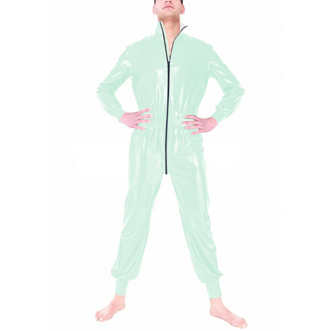 Exotic Long Sleeve Zipper Open Crotch Jumpsuits Faux Latex PVC Mens Sissy Solid Color Slim Fit Jumpsuits Oversize Mens Rompers