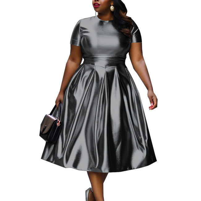 Summer Short Sleeve Dress for Women Shiny Metallic Slim Waist Solid Color A-line Dress Office Lady Casual Vintage Party Dress