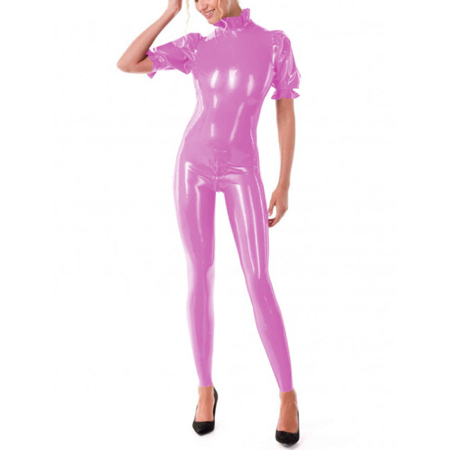 Puff Short Sleeve Bodycon Jumpsuits Women Shiny PVC Leather High Neck Slim Fit Solid Color Jumpsuits Sexy Club Zentai Leotard