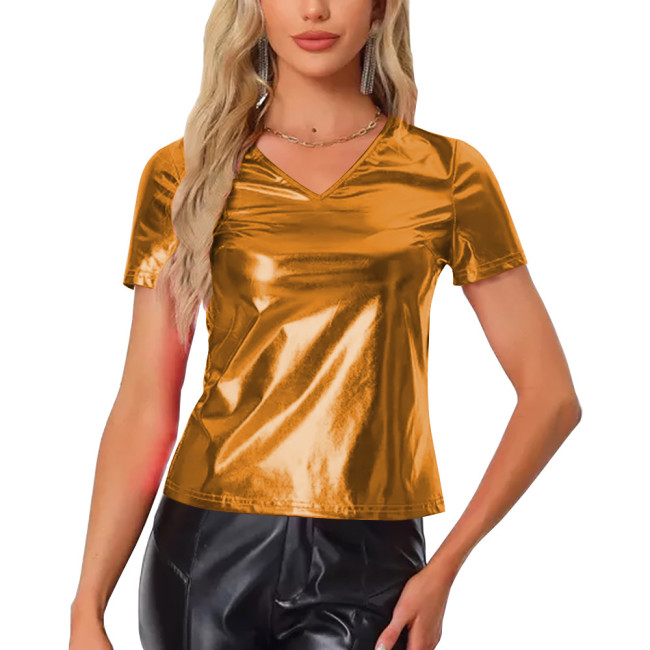 Shiny Metallic Short Sleeve T-shirt for Womens Fashion Casual V-Neck Solid Color Tops Rave Party Nightclub Wear Female Blouse