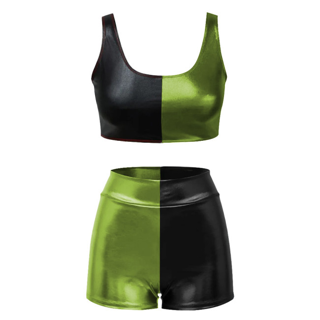 Shiny Metallic Two Piece Sets Womens Outifits Patchwork Sexy Sleeveless Crop Top and Slim Fit Shorts Basic Stretchy Short Sets