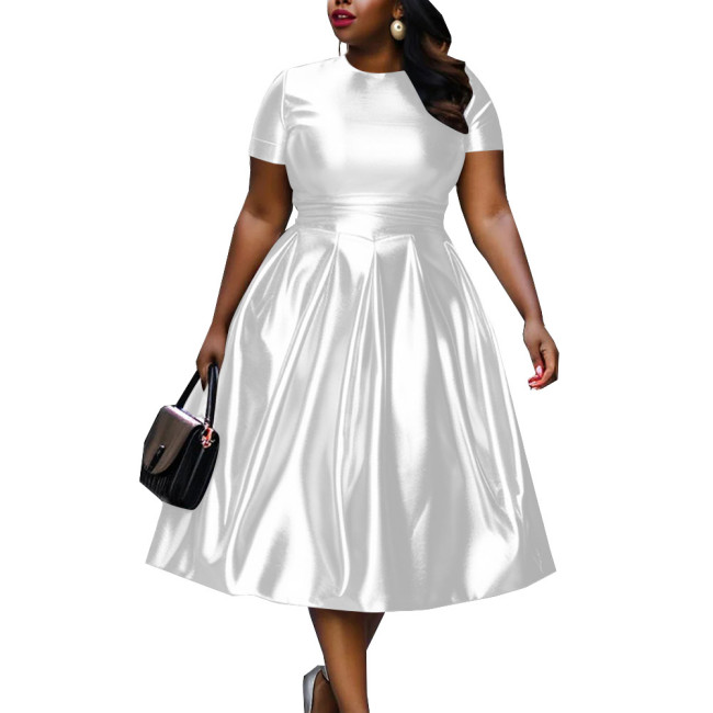 Summer Short Sleeve Dress for Women Shiny Metallic Slim Waist Solid Color A-line Dress Office Lady Casual Vintage Party Dress