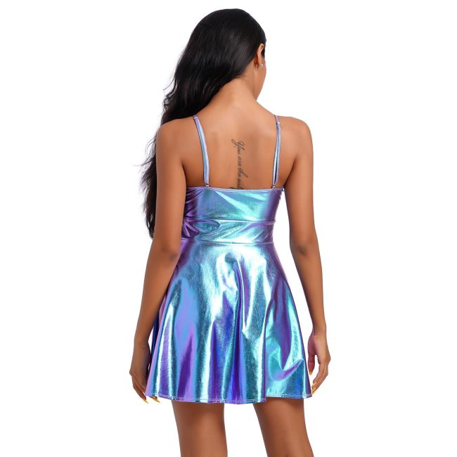 Laser Metallic Summer Spaghetti Strap Mini Dress Women Sleeveless Sexy A-line Dress Female Camisole Slim Fit Club Party Dress