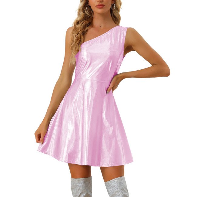 Sexy Inclined Shoulder Slim Fit Mini Dress Laser Metallic Women Slim Waist A-line Dress Party Club Sleeveless Women Short Dress