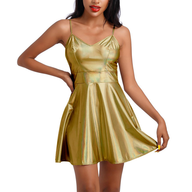 Laser Metallic Summer Spaghetti Strap Mini Dress Women Sleeveless Sexy A-line Dress Female Camisole Slim Fit Club Party Dress