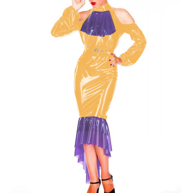 Sexy Bodycon Hobble Maxi Dresses for Women Patchwork Off Shoulder Hip Wrap Mermaid Faux Latex Sexy Dress Evening Cocktail Gown
