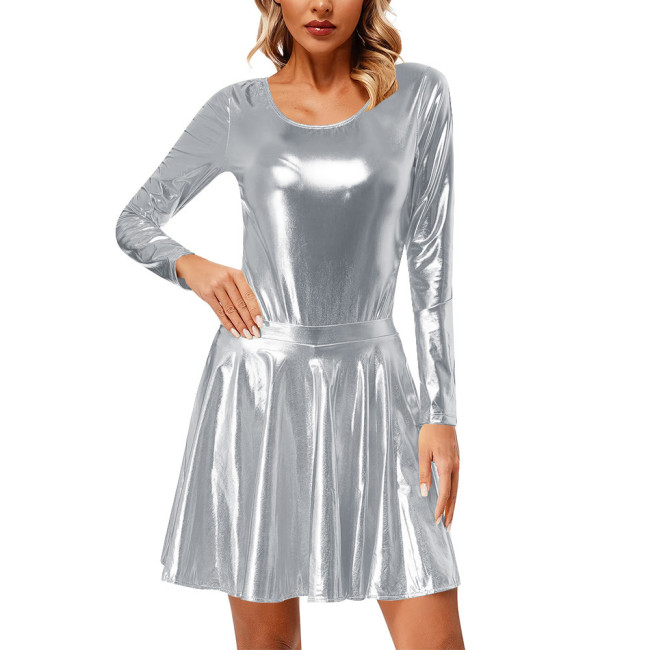 Exotic Two Piece Sets Shiny Metallic Long Sleeve Bodysuit with High Waist Mini Pleated Skirt Sexy Cosplay Body Suit