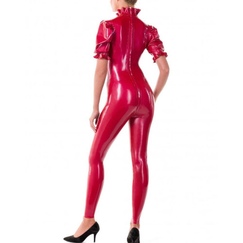 Puff Short Sleeve Bodycon Jumpsuits Women Shiny PVC Leather High Neck Slim Fit Solid Color Jumpsuits Sexy Club Zentai Leotard