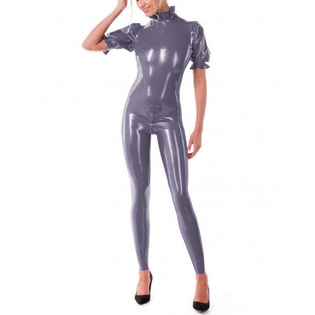 Puff Short Sleeve Bodycon Jumpsuits Women Shiny PVC Leather High Neck Slim Fit Solid Color Jumpsuits Sexy Club Zentai Leotard