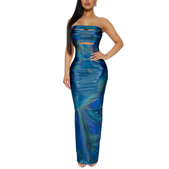 Strapless Glitter Laser Bodycon Dress Holographic Sexy Hollow Long Pencil Dress Tights Package Hip Hobble Dress Womens Clubwear