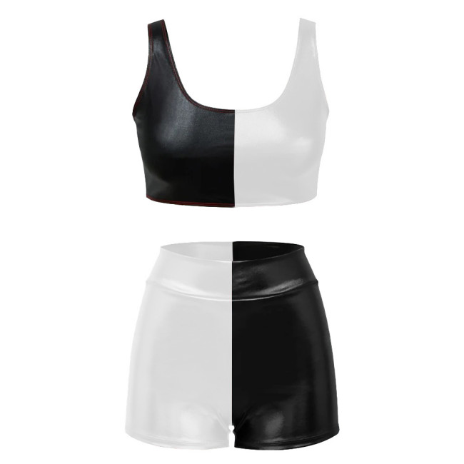 Shiny Metallic Two Piece Sets Womens Outifits Patchwork Sexy Sleeveless Crop Top and Slim Fit Shorts Basic Stretchy Short Sets