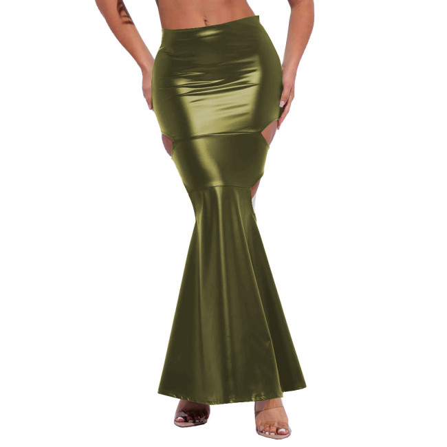 Sexy Side Hollow Out Mermaid Long Skirt PU Leather Skirt Women Bodycon Hobble Maxi Skirts Mens Sissy Crossdresser Solid Skirts
