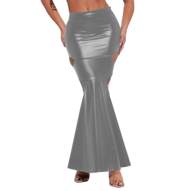 Sexy Side Hollow Out Mermaid Long Skirt PU Leather Skirt Women Bodycon Hobble Maxi Skirts Mens Sissy Crossdresser Solid Skirts