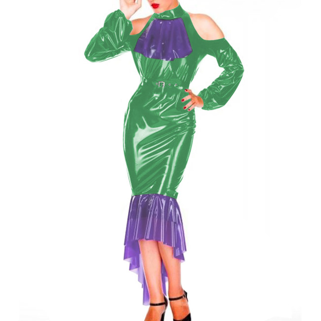 Sexy Bodycon Hobble Maxi Dresses for Women Patchwork Off Shoulder Hip Wrap Mermaid Faux Latex Sexy Dress Evening Cocktail Gown
