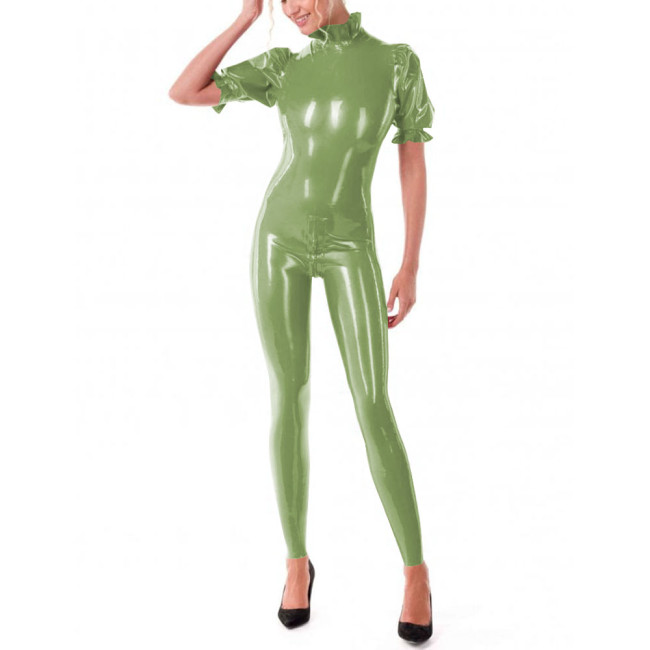 Puff Short Sleeve Bodycon Jumpsuits Women Shiny PVC Leather High Neck Slim Fit Solid Color Jumpsuits Sexy Club Zentai Leotard