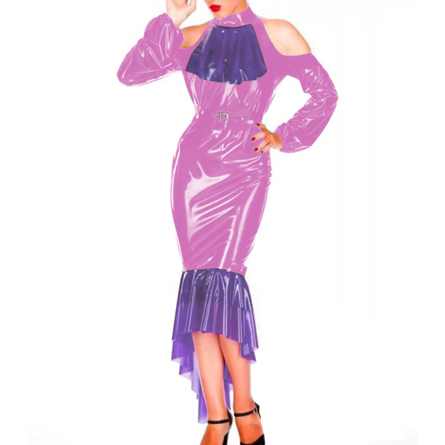 Sexy Bodycon Hobble Maxi Dresses for Women Patchwork Off Shoulder Hip Wrap Mermaid Faux Latex Sexy Dress Evening Cocktail Gown