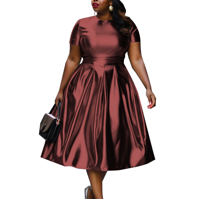 Summer Short Sleeve Dress for Women Shiny Metallic Slim Waist Solid Color A-line Dress Office Lady Casual Vintage Party Dress
