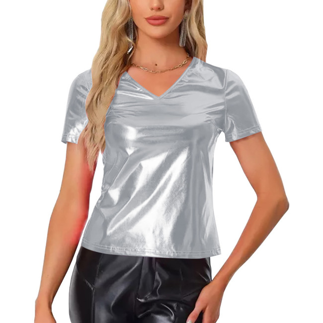 Shiny Metallic Short Sleeve T-shirt for Womens Fashion Casual V-Neck Solid Color Tops Rave Party Nightclub Wear Female Blouse