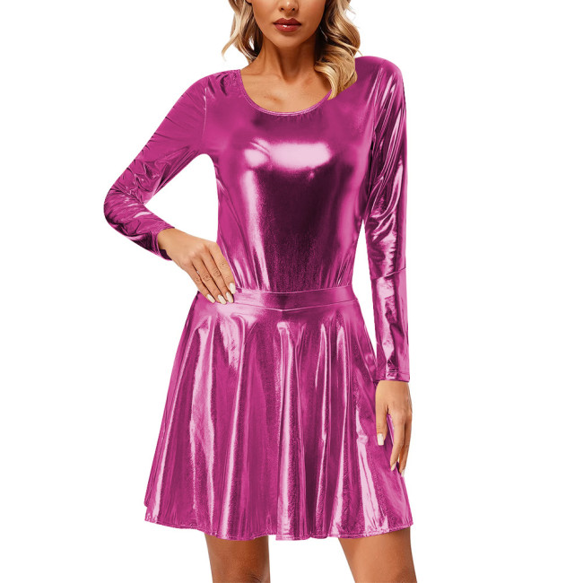 Exotic Two Piece Sets Shiny Metallic Long Sleeve Bodysuit with High Waist Mini Pleated Skirt Sexy Cosplay Body Suit