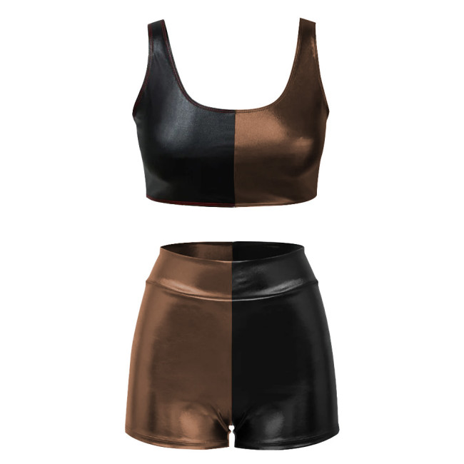 Shiny Metallic Two Piece Sets Womens Outifits Patchwork Sexy Sleeveless Crop Top and Slim Fit Shorts Basic Stretchy Short Sets