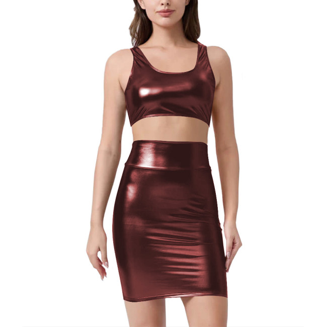 Fashion Sleeveless Slim Fit Crop Top and Bodycon Mini Skirt Shiny Metallic Two Piece Sets Womens Outifits Lady Casual Dress Sets