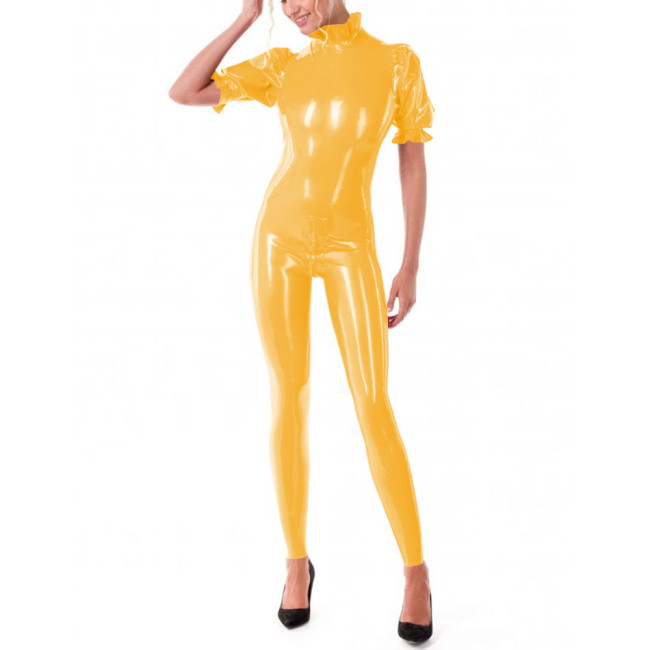 Puff Short Sleeve Bodycon Jumpsuits Women Shiny PVC Leather High Neck Slim Fit Solid Color Jumpsuits Sexy Club Zentai Leotard