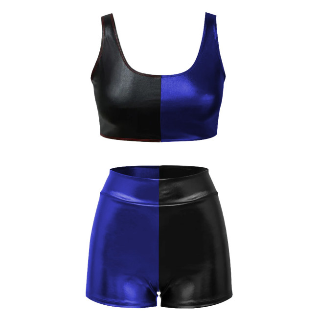 Shiny Metallic Two Piece Sets Womens Outifits Patchwork Sexy Sleeveless Crop Top and Slim Fit Shorts Basic Stretchy Short Sets