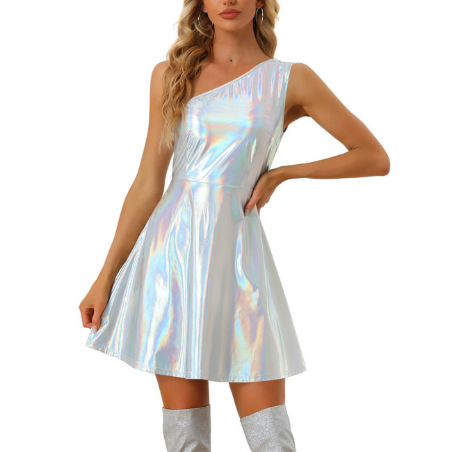 Sexy Inclined Shoulder Slim Fit Mini Dress Laser Metallic Women Slim Waist A-line Dress Party Club Sleeveless Women Short Dress