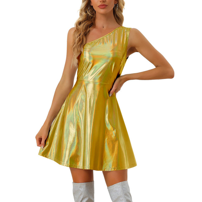 Sexy Inclined Shoulder Slim Fit Mini Dress Laser Metallic Women Slim Waist A-line Dress Party Club Sleeveless Women Short Dress