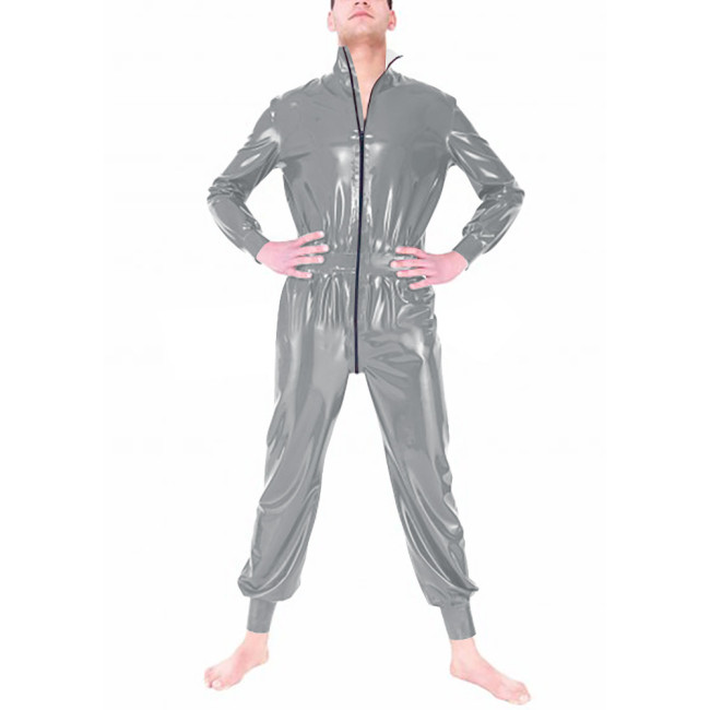 Exotic Long Sleeve Zipper Open Crotch Jumpsuits Faux Latex PVC Mens Sissy Solid Color Slim Fit Jumpsuits Oversize Mens Rompers