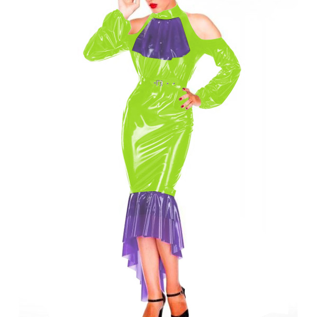 Sexy Bodycon Hobble Maxi Dresses for Women Patchwork Off Shoulder Hip Wrap Mermaid Faux Latex Sexy Dress Evening Cocktail Gown