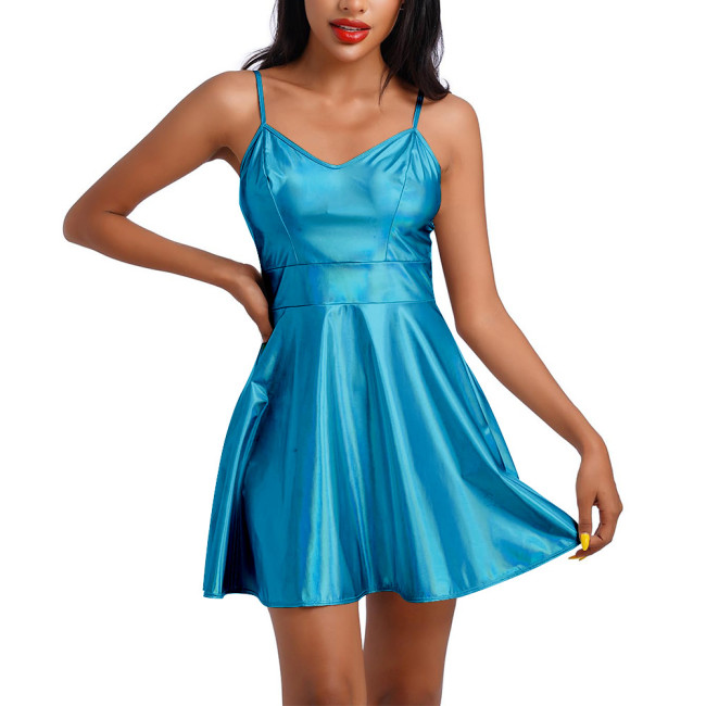 Laser Metallic Summer Spaghetti Strap Mini Dress Women Sleeveless Sexy A-line Dress Female Camisole Slim Fit Club Party Dress