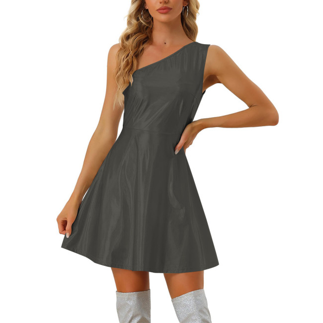 Sexy Inclined Shoulder Slim Fit Mini Dress Laser Metallic Women Slim Waist A-line Dress Party Club Sleeveless Women Short Dress
