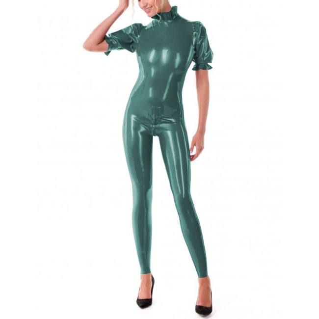 Puff Short Sleeve Bodycon Jumpsuits Women Shiny PVC Leather High Neck Slim Fit Solid Color Jumpsuits Sexy Club Zentai Leotard