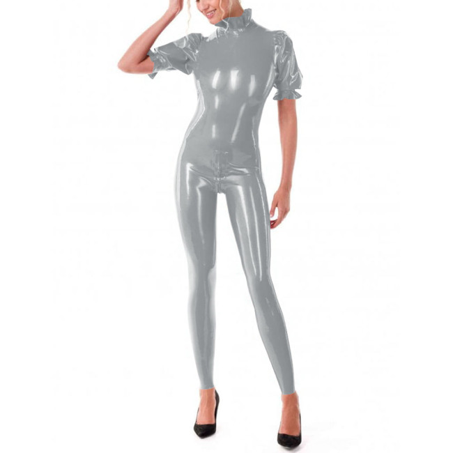 Puff Short Sleeve Bodycon Jumpsuits Women Shiny PVC Leather High Neck Slim Fit Solid Color Jumpsuits Sexy Club Zentai Leotard