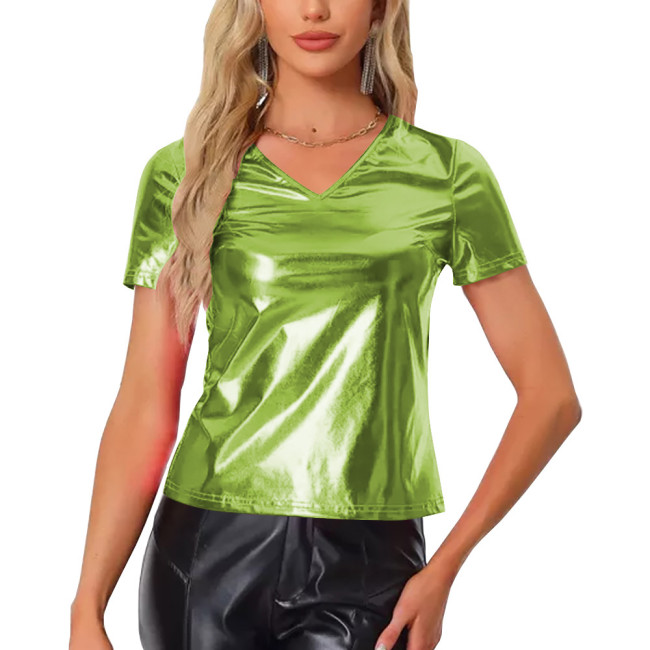 Shiny Metallic Short Sleeve T-shirt for Womens Fashion Casual V-Neck Solid Color Tops Rave Party Nightclub Wear Female Blouse
