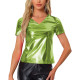 Shiny Metallic Short Sleeve T-shirt for Womens Fashion Casual V-Neck Solid Color Tops Rave Party Nightclub Wear Female Blouse