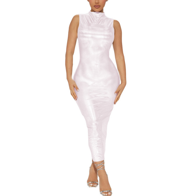 Glitter Laser Holographic Long Dress Elegant Sleeveless Hobble Dress Fashion Party Ankle-length Dresses Wet Look Rave Clubwear