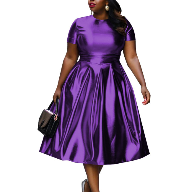 Summer Short Sleeve Dress for Women Shiny Metallic Slim Waist Solid Color A-line Dress Office Lady Casual Vintage Party Dress