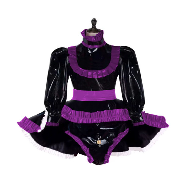 Lockable Adult Baby Wetlook Bodysuit Sexy Ruffles Long Sleeve Shiny PVC Rompers with Skirted Sissy Makeup Ball A-line Maid Dress