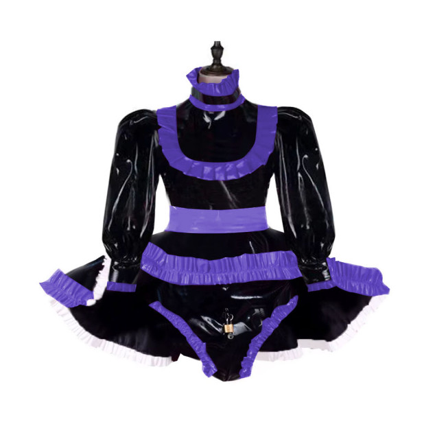 Lockable Adult Baby Wetlook Bodysuit Sexy Ruffles Long Sleeve Shiny PVC Rompers with Skirted Sissy Makeup Ball A-line Maid Dress